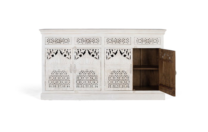 Buffet GINER Y COLOMER en bois de manguier, 4 portes et 4 tiroirs, couleur blanc vieilli - 180x40x90 cm